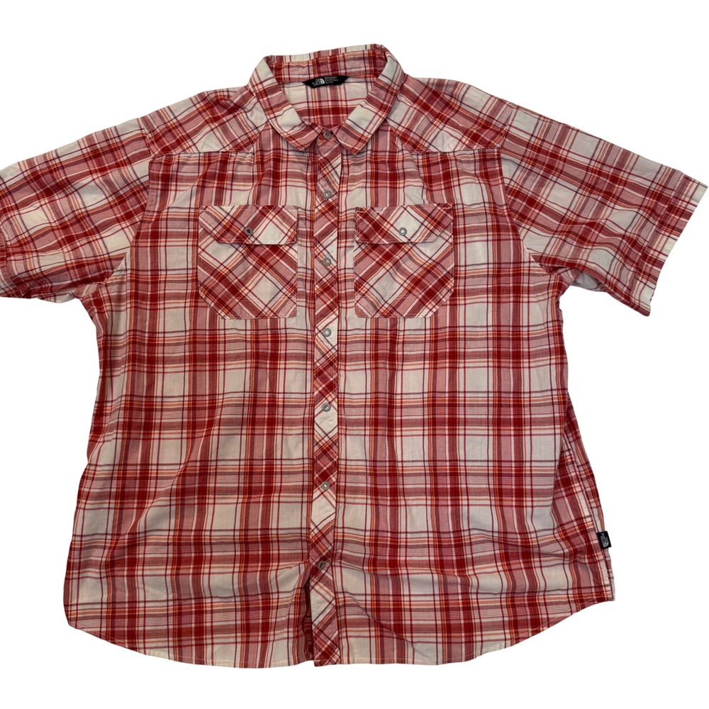 The North Face Mens XL Red Plaid Short Sleeve Snap Front Hiking Shirt Outdoor